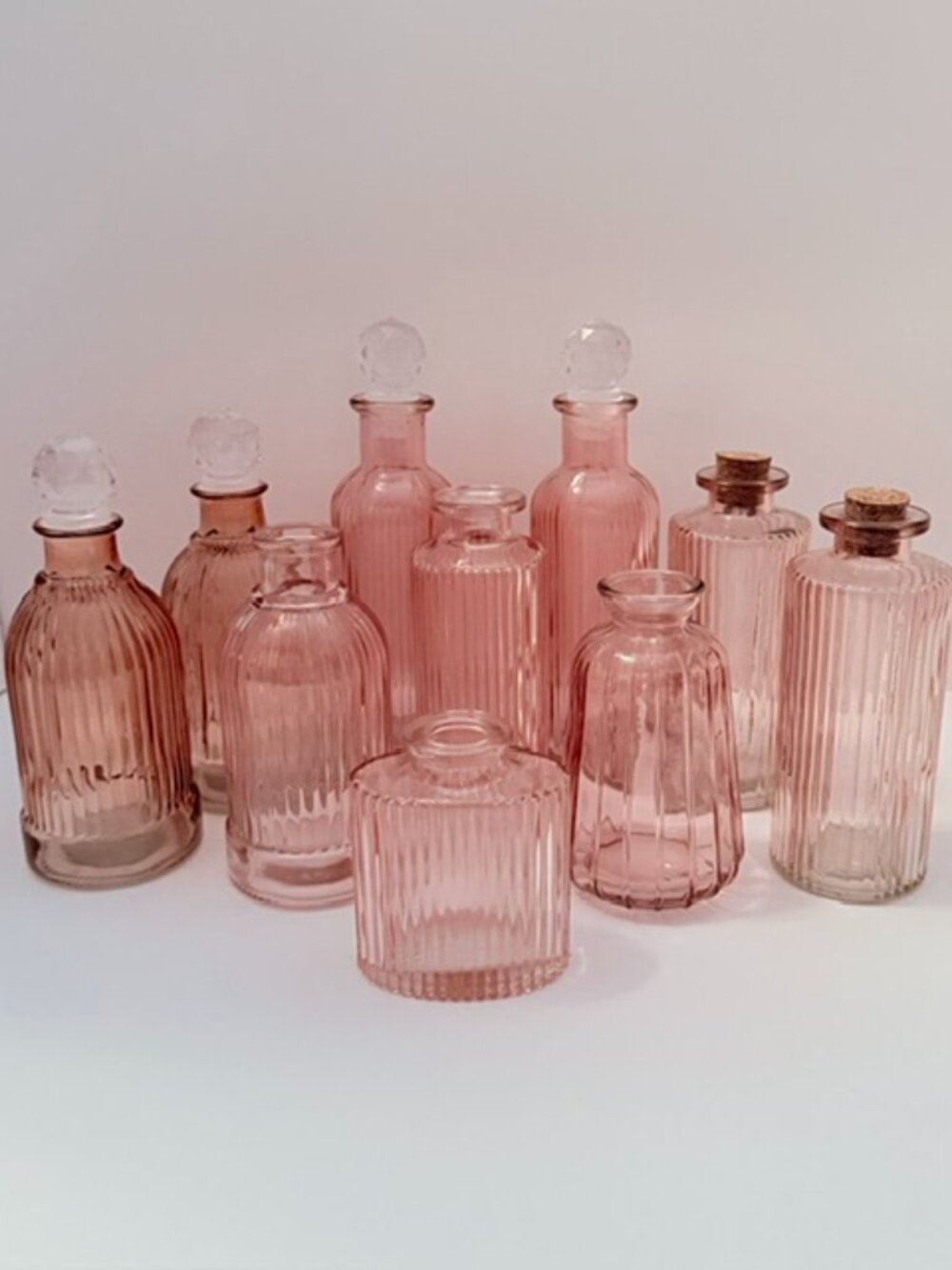 Vintage Pink Ribbed Glass Bottles - Lot of 10 - Bud Vases & Apothecary Jars